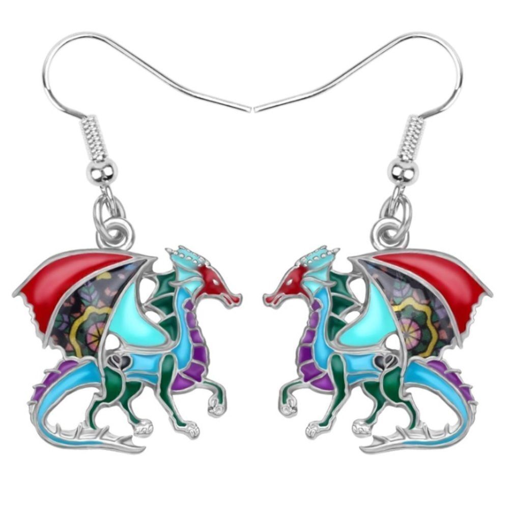 Silver and Multicolor Enamel Mythical Dragon Dangling French Wire Hook Earrings